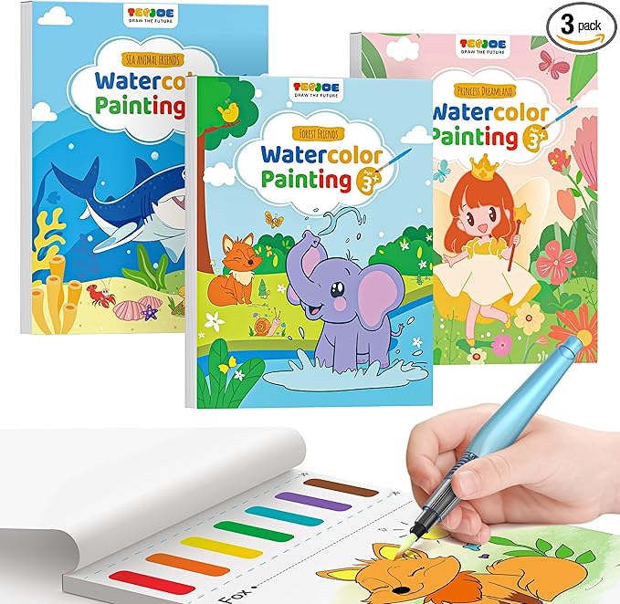 TECJOE 3 Pack Paint with Water Coloring Books for Toddlers, Mess Free Watercolor Painting Set with 6 Brushes, Travel Art Craft Activities Toys Birthday Gifts for Kids Ages 3-8, Forest, Sea & Princess