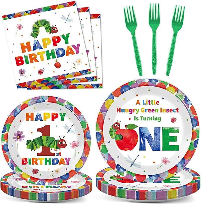 96Pcs Caterpillar 1st Birthday Party Plates and Napkins Green Caterpillar Theme Decor Very Hungry Paper Disposable Dessert Cake Plates Cartoon Insect Tableware Set for Kids Birthday 24 Guests