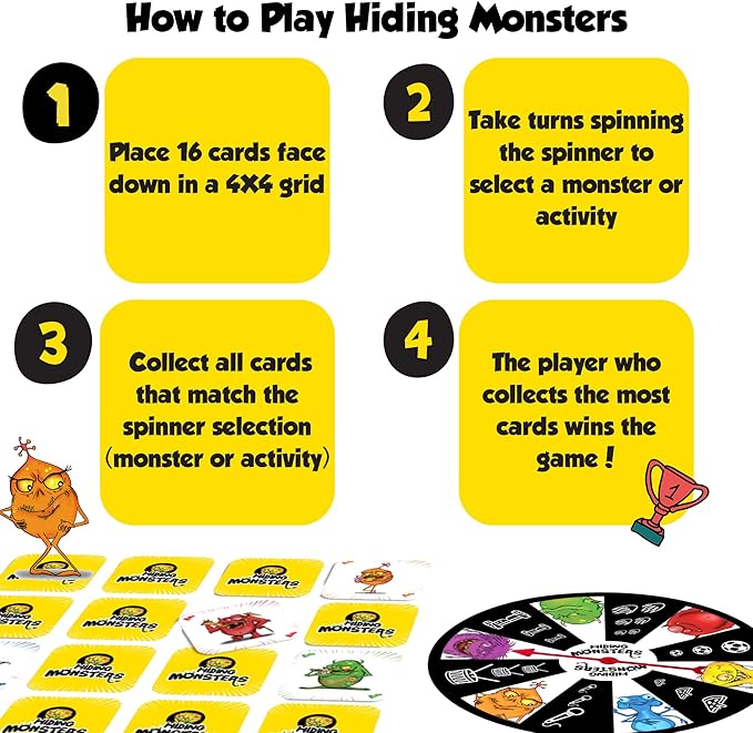 Hiding Monsters Award Winning Memory Games for Kids Ages 4-8 with a Spinner Wheel. Fun and Easy-to-Play. Matching Games for Kids Ages 4-8 and 8-12 for Boys and Girls. 2+ Players