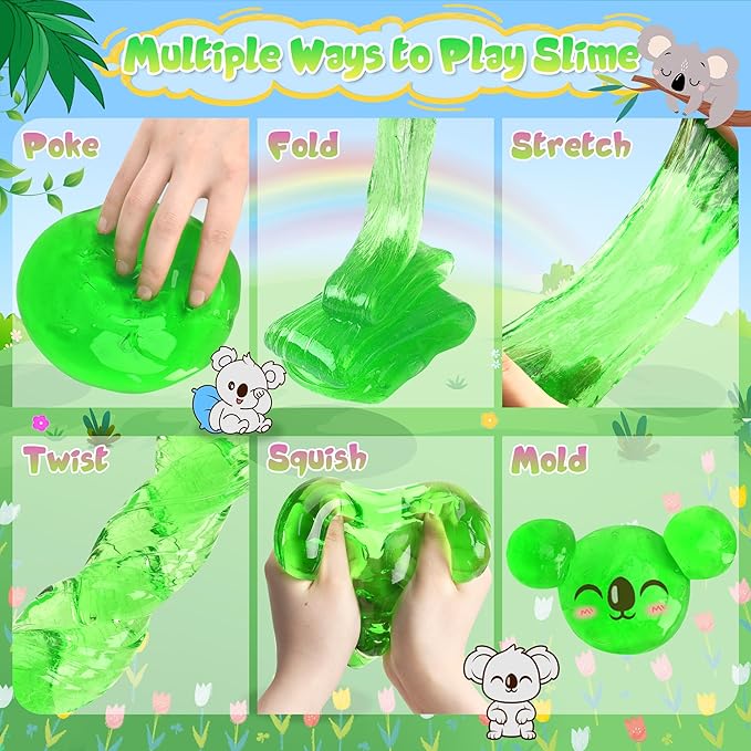 Koala Slime Kit 10oz, Vibrant Green Clear Slime Bucket for Kids Ages 8-12 with Various Add-ins, Non-Sticky & Stretchy, Slimes Party Favors Birthday, DIY Sensory Toys