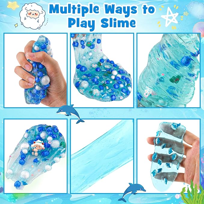 LAWOHO 300ml Ocean Clear Slime with Clay, Blue Slime Kit for Girls & Boys with 11 Packs Ocean Add-Ins for Kids Party Favors, Non Stick Sheep Clear Slimes for Birthday Halloween Christmas Easter Gifts