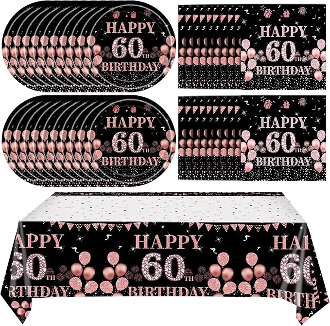 41Pcs 60th Birthday Decorations for Women, Vintage 60 Birthday Black and Rose Gold Disposable Paper Plates and Napkins Party Supplies for 20 Guests, 41Pcs Include 7" Plates Napkins and Tablecloth
