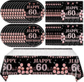 41Pcs 60th Birthday Decorations for Women, Vintage 60 Birthday Black and Rose Gold Disposable Paper Plates and Napkins Party Supplies for 20 Guests, 41Pcs Include 7" Plates Napkins and Tablecloth