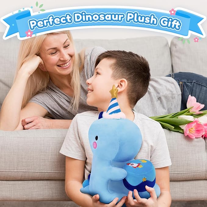 SQEQE Dinosaur Stuffed Animal, Cute Dinosaur Plush Toys with Cake, Dino Plushies Anniversary Birthday Gift for Her Girls Boys Boyfriend Girlfriend(Blue,12 inch)