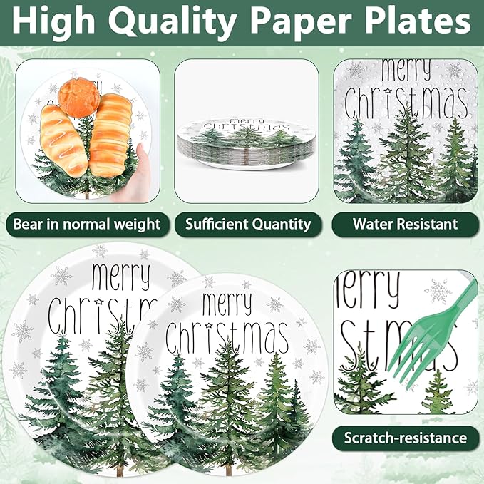 96Pcs Christmas Paper Plates and Napkins for Merry Christmas Watercolor Cedar Snowflake Party Supplies Xmas Pine Trees Party Tableware Set for 24 Guests Holiday Winter Xmas Party Decorations