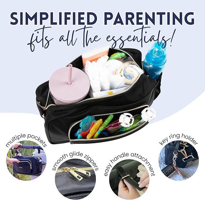Universal Stroller Caddy with Cup Holder, Waterproof Small Diaper Bag, Stroller Organizer with Shoulder Straps, Baby Travel Bag with Wipes Pocket