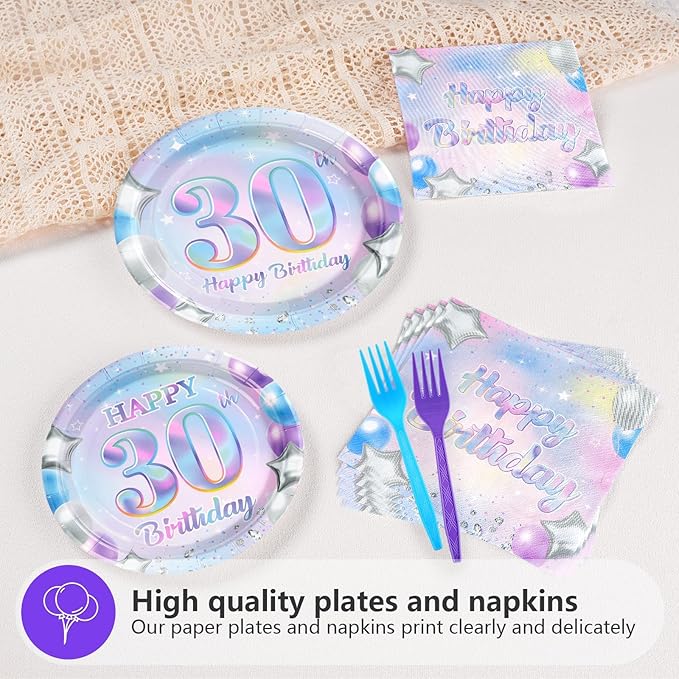 Grencian 96Pcs 30th Birthday Decorations Iridescent 30th Birthday Party Plates Disposable 350GSM Sweet 30 Years Paper Tableware Set for Women 30 Years Old Party Supplies Serves 24