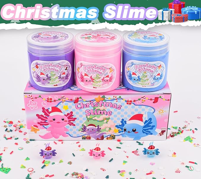 3 Pack Christmas Butter Slime Kit, Scented Axolotl Slime with Pink, Blue, Purple Axolotl Charms, Soft, Non-Sticky, Goodies Bag Toy for Christmas Party Favors