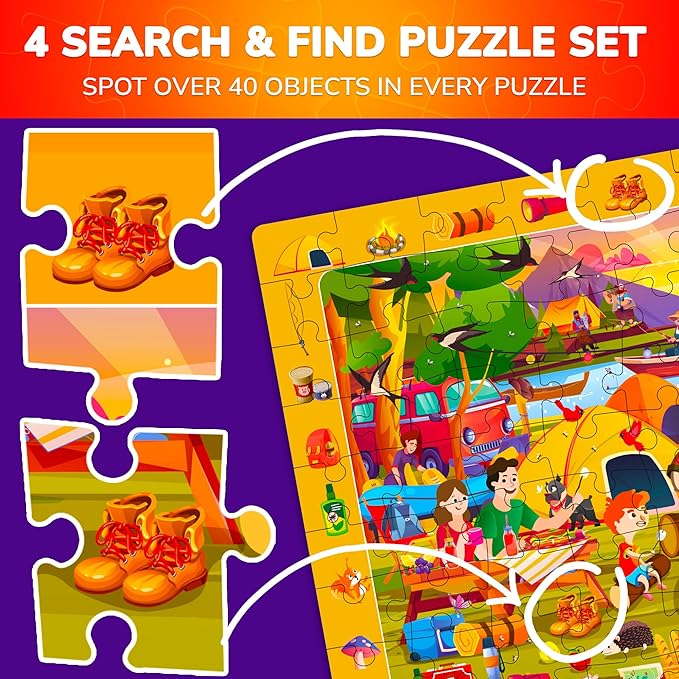 QUOKKA 100 Piece Puzzles for Kids Ages 4-6 – 4xSET Search and Find Kids Puzzles Ages 5-8 – Artist-Crafted Illustrations with Children Daily Life, Hidden Objects - Educational Activity Toy Gift