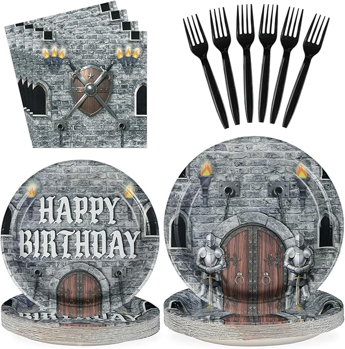 Grencian 96Pcs Medieval Castle Party Supplies Castle Birthday Plates and Napkins Disposable Medieval Knight Tableware Set for Kids Birthday Baby Shower Halloween Decorations Serves 24