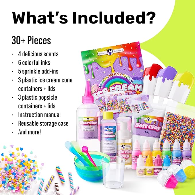 Original Stationery Ice Cream Slime Kit Rainbow Popsicle Edition – All-in-One DIY Slime Making Kit with Glue, Activator, Sprinkles, Bowls & Mixers, for Kids & Girls Creative Play