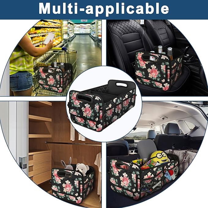 Deosk Trunk Organziers and Storage with 6 Big Pocket, 50L Waterproof Polyester Car Accessories for Women/Men (Medium, Floral)