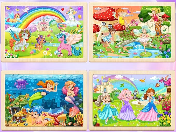 Wooden Puzzles for Kids Ages 4-6, 4 Pack with 24 Pieces Unicorn, Mermaid, Princess, Elf Wooden Puzzles for Toddlers Set, Educational & Learning Puzzles, Gifts for 3 4 5 6 Year Old Boys Girls