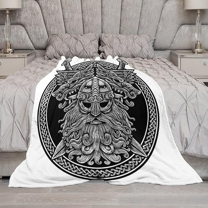 60 x 80 Inches Flannel Throw Blanket Viking Warrior Norse God Odin with Wolf and Swords Birthday Present for Men Women Winter Holiday Soft Blankets for Bedding Sofa