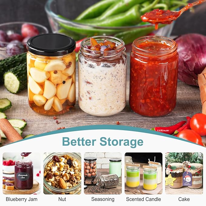 12oz Glass Jars with Lids, 20 Pcs Empty Candle Jars for Making Candle, Mason Canning Jars for Spice, Jam, Liquid, Baby Food Storage, Meal Prep, Craft, DIY Gift, Sample Container, Dishwasher Safe