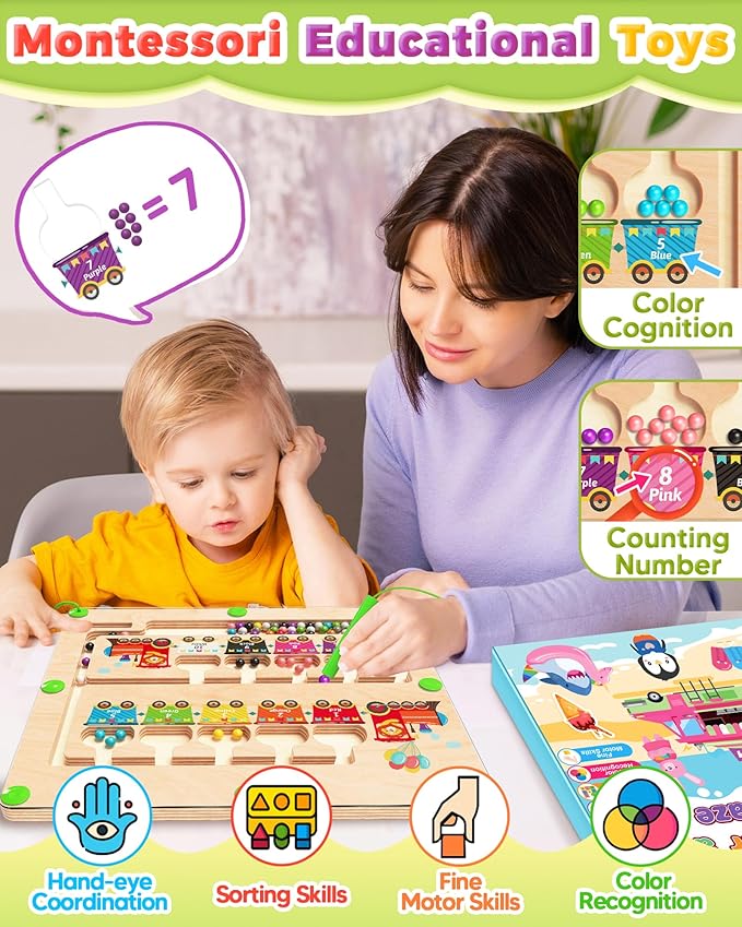 Magnetic Color and Number Maze, Montessori Toys for 2 3 4 Year Old, Wooden Color Matching Puzzle Board, Preschool Learning Activities Travel Toys for Ages 2-4 for Girls Boys Birthday Gifts - Train
