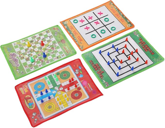 Sorandy 4 in 1 Kids Chess Set, Foldable Non Woven Fabric Board Games for Children, Snake and Ladder Ludo Nine Men Morris Set with Portable Lightweight Design, for Indoor Outdoor Family