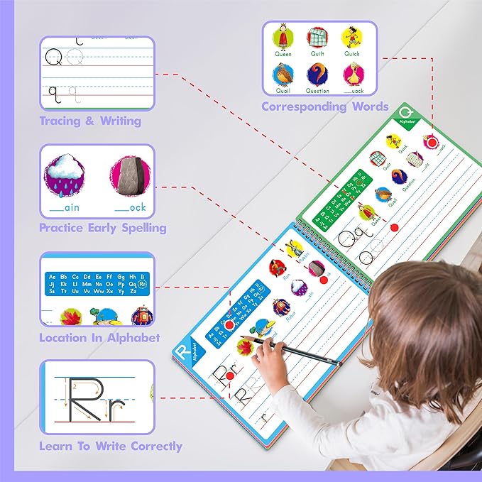 Handwriting Practice Book, 40 Pages Dry Erase Preschool Workbook Montessori Learning Toy Educational Tool for Alphabet/Numbers/Colors/Shapes/Line Tracing - for Toddlers, Kids 3-5 Years Old
