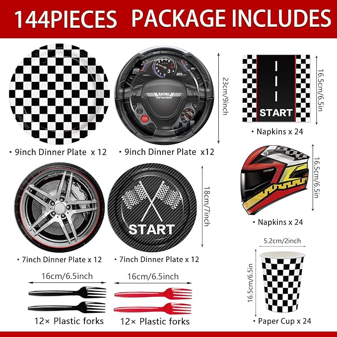 144pcs Race Car Plates Napkins Party Supplies Racing Themed Paper Cups Race Car Birthday Party Decorations Racing Tableware Set for kids Boys Birthday Decor Serves 24