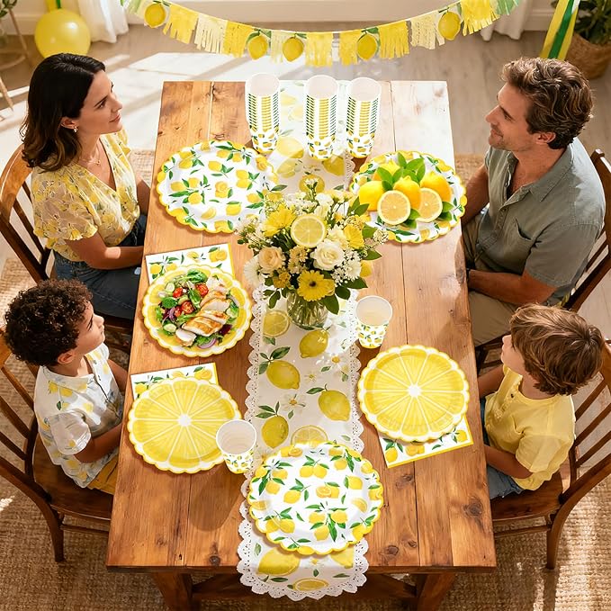 168 Pcs Lemon Party Decorations Yellow Lemons Scalloped Plates Napkins Cups Forks Knives Spoons Summer Lemon Fruit Theme Tableware Set for Spring Birthday Bridal Baby Shower Party Supplies Serves 24