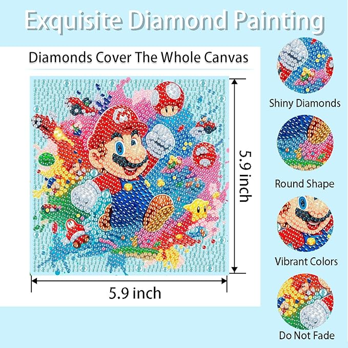 Fuinkqe 4 PCS Diamond Art Kits for Kids, Cartoon Diamond Art for Kids Ages 4-8-12, Diamond Art Painting Mosaic Kits for Gift Home Wall Decor (6x6 inch)