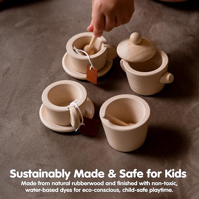 PlanToys® Wooden Tea Set for Montessori Inspired Pretend Play | Social Interaction, Language and Imaginative Role Play | Eco Friendly Wooden Tea Party Set for Creative Learning