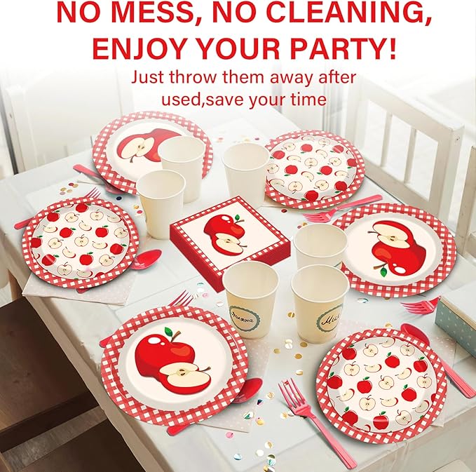 Qyeahkj 100 Pcs Apple Party Supplies Back to School Plates and Napkins Fruit Themed Decorations Apple Birthday Tableware Set Disposable Dinnerware Decor Serves 25 Guests