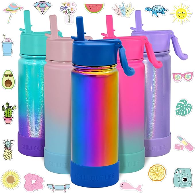 CHILLOUT LIFE 17 oz Kids Insulated Water Bottle for School with Straw Lid Leakproof and Cute Waterproof Stickers, Personalized Stainless Steel Thermos Flask Metal Water Bottle, Dishwasher Safe Color