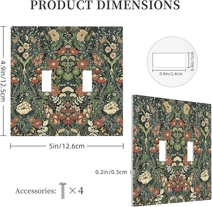 Decorative Switch Plates Vintage Dark Floral William Morris Green Flower 2 Gang Double Toggle Outlet Light Switch Cover Wall Plate Electrical Faceplate for living Room Home Decor