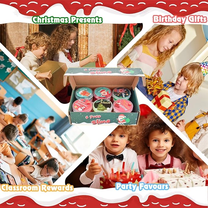 6 Pack Christmas Slime Kit, with 2 Butter Slime and 2 Cloud Slime and 2 Jelly Cube Crunchy Slime, Soft & Stretchy, Birthday Gifts for Kids, Christmas Party Favors for Girls and Boys
