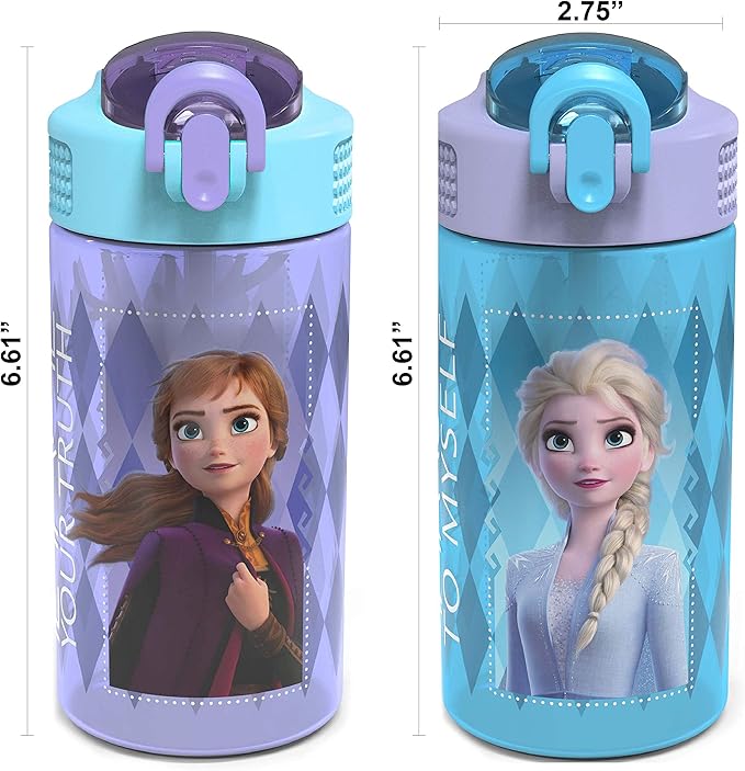 Zak Designs Disney Frozen 2 Kids Water Bottle with Spout Cover and Carrying Loop, Durable Plastic, Leak-Proof Water Bottle Design for Travel (16 oz, 2-Pack, Non-BPA, Elsa & Anna)