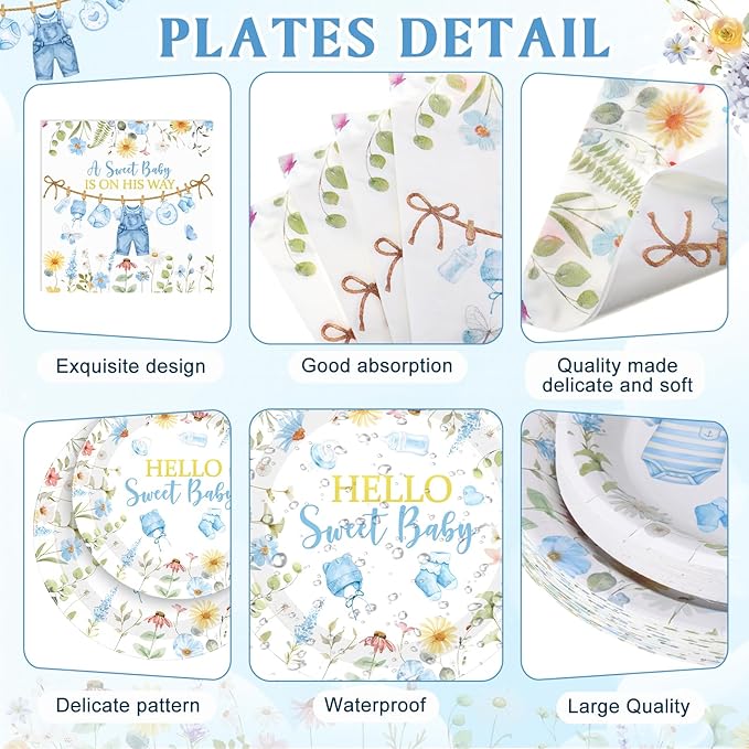 Pickmesh 194 Pcs Floral Baby Boy Shower Decorations for 24 Guests, Baby Shower Blue Paper Plates and Napkins Cups Tablecloth Cutlery for Spring It's a Boy Gender Reveal Party Supplies
