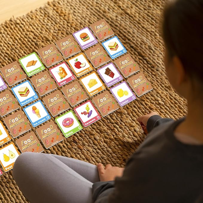 72 (36 Pairs) Spanish English Bilingual Food Fruit Memory Matching Game with Overview Poster and Online Audio Language Learning Games for Kids -Early Education ESL and Language Immersion