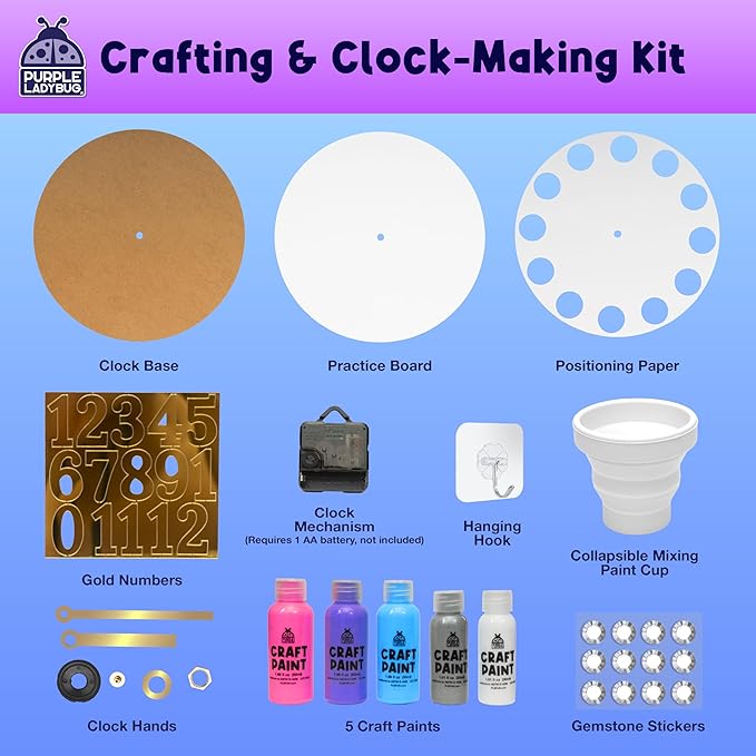 PURPLE LADYBUG Paint Pouring DIY Clock Kit - Arts and Crafts for Kids Ages 8-12, Painting Kit for Kids 6-8 - Gifts for 6-12 Years Old Girls & Boys Birthday - Tween & Teen Girl Gifts Ideas
