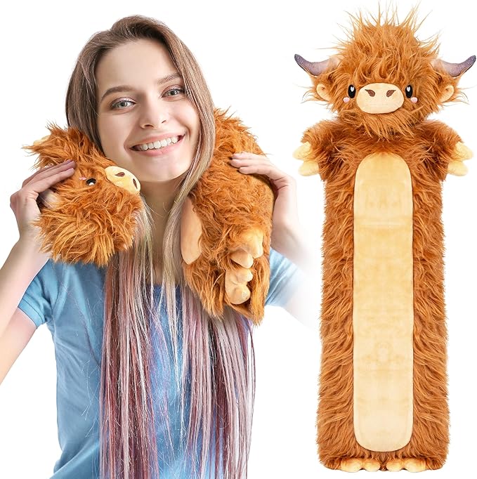 Brown Highland Cow Microwavable & Weighted Stuffed Animals - Unscented Heatable Plush Doll, Cute Cow Plush Toys Gifts for Girls Boys and Kids, Happy Fuel