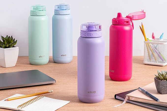 Ello Cooper 32oz Stainless Steel Water Bottle with Straw and Carry Handle, Double Walled and Vacuum Insulated Metal, Leak Proof Locking Lid with Soft Silicone Spout, Reusable, BPA Free, Yucca