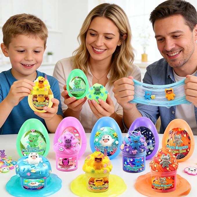 8-Pack Easter Eggs Slime Kit for Kids - Toothy Monster Themed Slime with Resin Charms & Mini Accessories, Easter Basket Stuffers, Party Favors, Birthday Gifts & Classroom