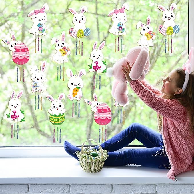16 Pack Easter Bunny Wind Chime Kits Easter Crafts for Kid Make Your Own Easter Rabbit Wind Chime Wooden DIY Art and Crafts for Spring Party School Classroom Hanging Decoration Supplies Birthday Favor