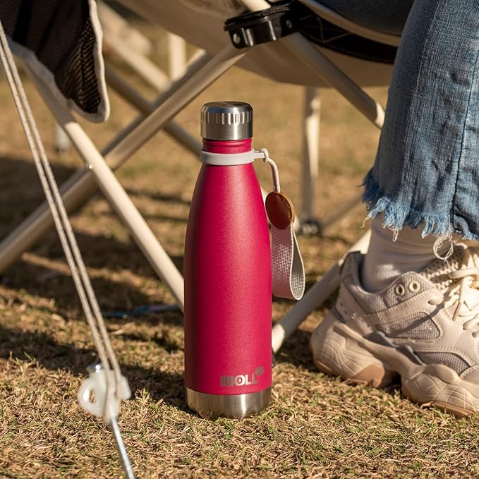 Insulated Water Bottle-17 oz Stainless Steel Double Wall Vacuum Water Bottle for School-Cola Shape Leak Proof Sport Water Bottle with Carry Rope (Fuchsia Red)