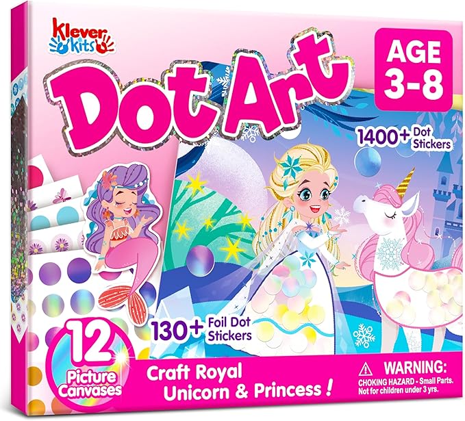 Klever Kits Princess Dot Art Kit for Kids, No Mess Sticker for Toddlers 3-7, Art and Craft Kits, DIY Creative Activity, Travel Toy, Birthday Presents for Boys Girls
