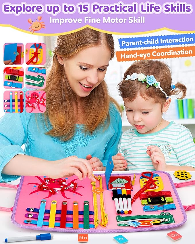 SaFeli Toddler Busy Board, Montessori Toys for Toddler Girl Birthday Gifts, Learning Toys Sensory Busy Book Toys for Toddlers, Travel Educational Book for Airplane Car | Birthday Gift for Girls, Pink