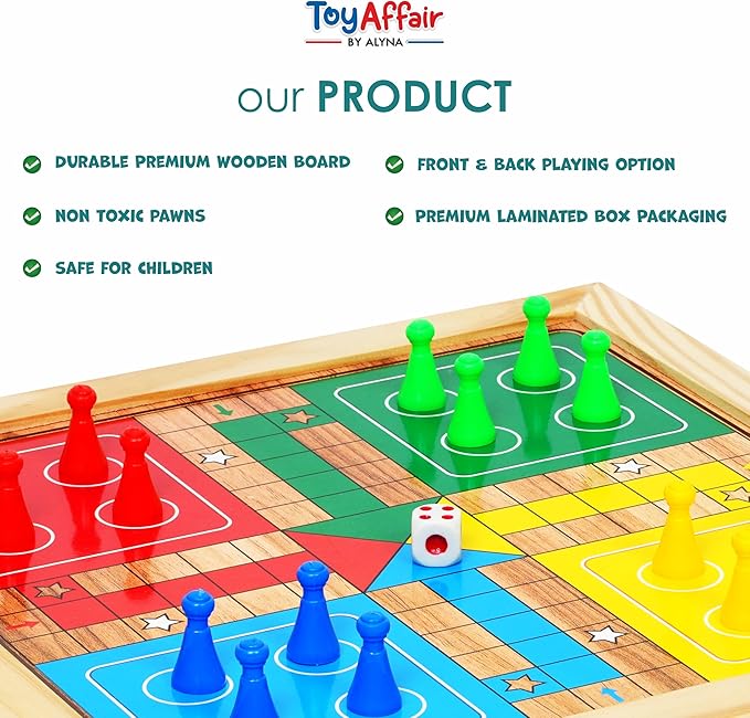Ankit Toys & Games 2 in 1 Ludo & Snakes & Ladders Wooden Board Game – Premium Reversible Solid Family Game Set Classic Strategy & Luck Game Perfect Educational Gift for Kids & Adults Durable Board