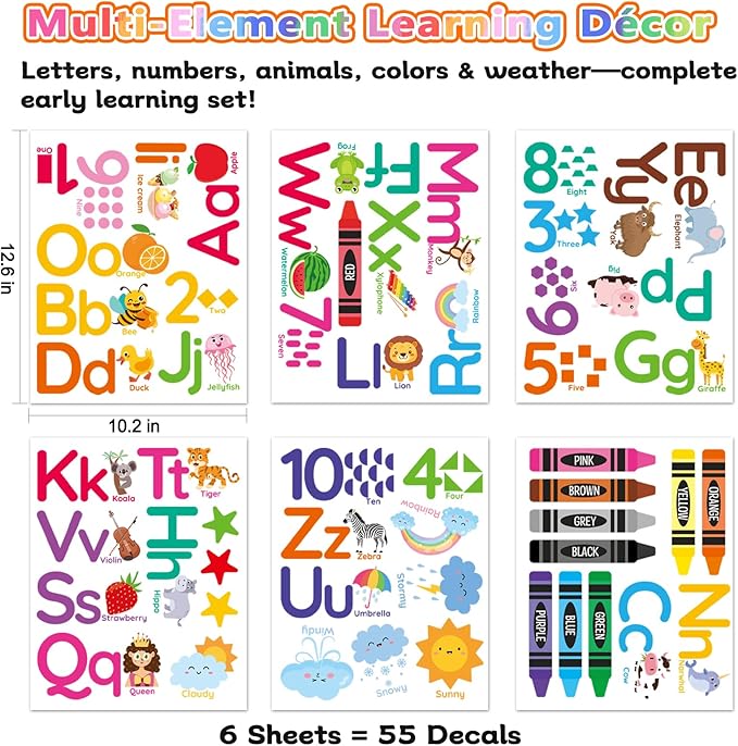 AOWDIAO Learning Wall Decals for Kids - Peel and Stick Alphabet, Numbers, Colors & Animals - Classroom, Nursery and Playroom Educational Decor