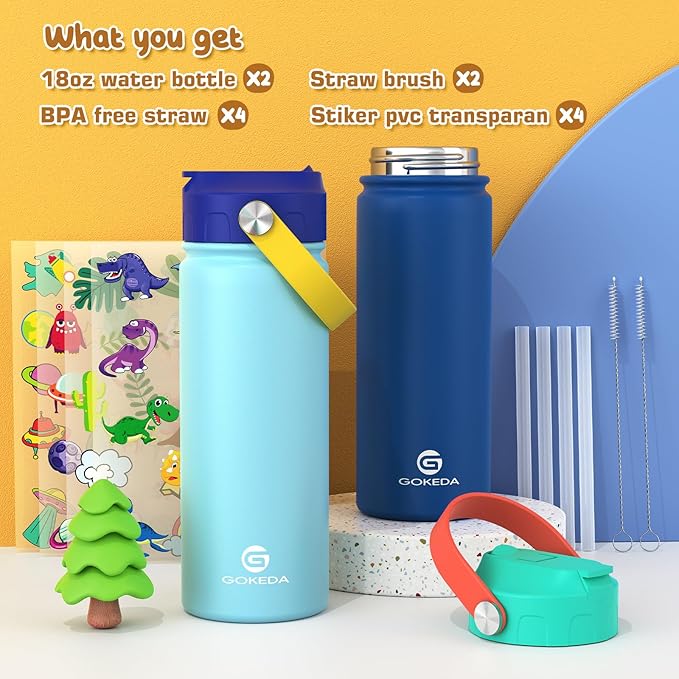 GoKEDA 18oz Kids Water Bottle, 2 Pack Insulated Bottles with Stickers, 18/8 Stainless Steel Vacuum Leak Proof Straw Cup for School, Gifts for Boys Girls(LightBlue+DarkGreenBlue)