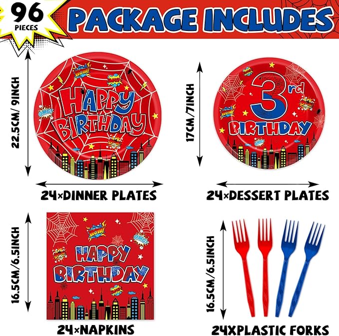 96Pcs Spider 3rd Birthday Party Decorations Cartoon Spider Theme Plates Napkins Red Blue Hero Tableware set Super Theme Hero 3rd Birthday Decoration Favors for Kids 3 Year Old Party Supplies Serve 24