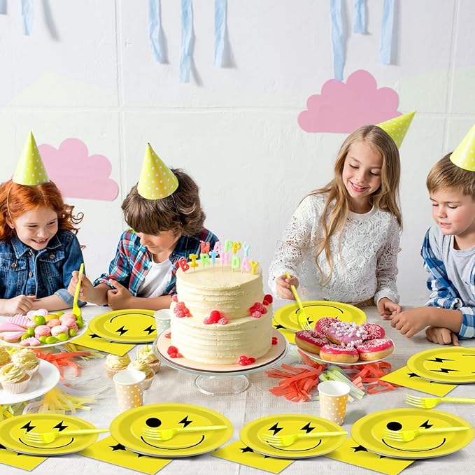 96PCS Smile Face Paper Plates and Napkins Yellow Smile Face Birthday Party Supplies for 24 Guests Preppy Disposable Dinnerware Set Preppy Cake Tableware Party Decorations for Bachelorette Baby Shower