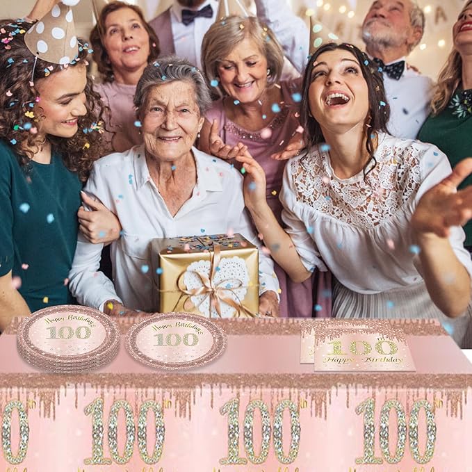 41Pcs 100th Birthday Decorations, Rose Gold Birthday Party Supplies Include 20Pcs Plates 20Pcs Napkins and 1Piece Tablecloth, Sweet One Hundred Year Old Birth Party Tableware for Girl Ladies Women
