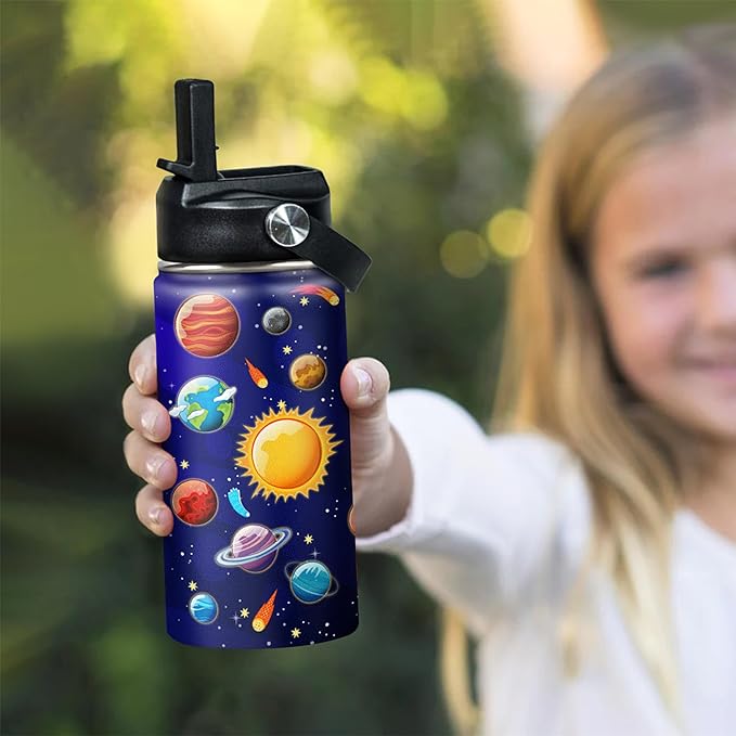 Kids Water Bottle Solar System Water Bottles 12oz with Straw Insulated Stainless Steel Travel School Tumbler Double Wall Vacuum Cup for Girls Kid Boys