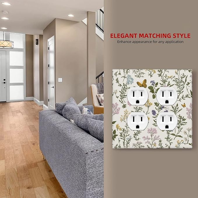Outlet Covers Vintage Colorful Flowers Butterfly Floral 2 Gang Double Duplex Decorative Light Switch Covers Electrical Wallplates Socket Faceplate For Bed Room Living Room Decor