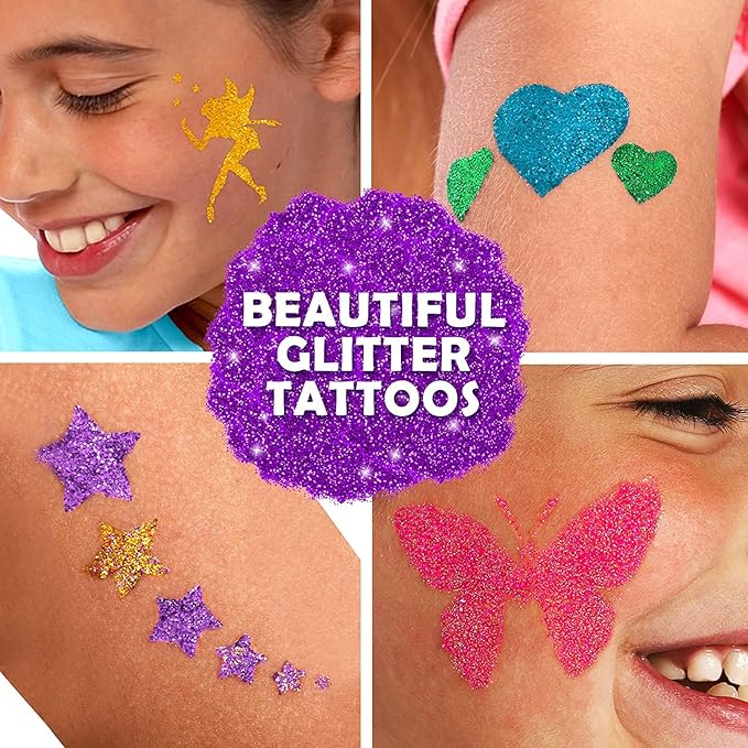 Original Stationery Glitter Tattoo Kit - 33-Piece Multicolor Set, Ages 3-8, 24 Stencils, 6 Color Pots, 2 Brushes & Adhesive - Glitter Tattoos for Kids & Sleepover Party Supplies, Birthday Gift